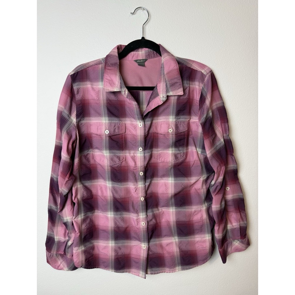 Eddie Bauer Long Sleeve Classic Fit Shirt Women's L Pink Purple Pocket Button Up